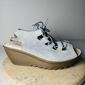 Skechers Memory Foam Light‎ Blue Suede Sandals Wedge Size 7.5 Lace up Gladiator